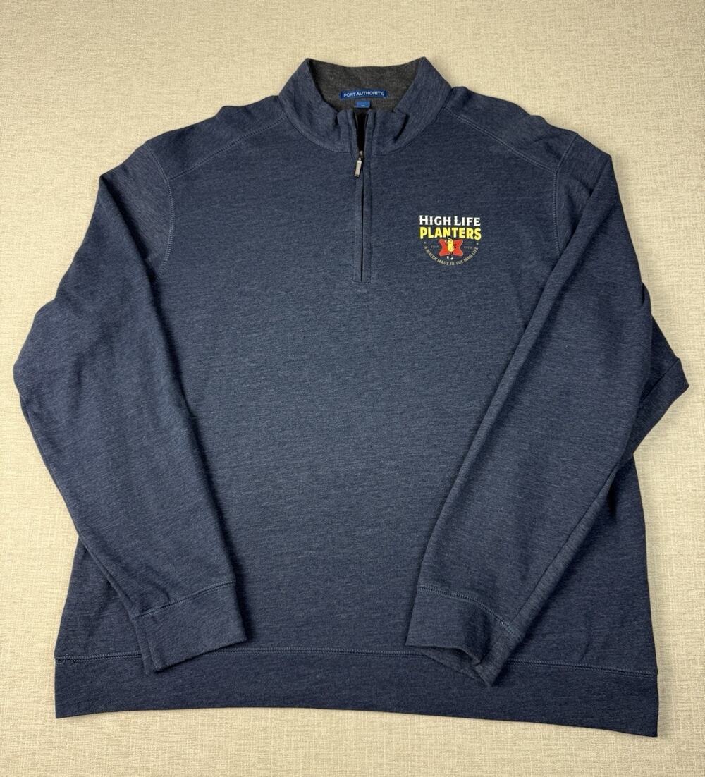 High Life Planters Beer 1/4 Zip Pullover Sweatshirt Men’s XL Blue Embroidered
